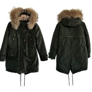 Burberry Green Goose Down Coat Nova Check Fur Trim Hooded US S/M